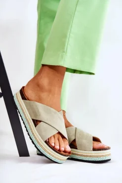 Damskie Zamszowe Klapki Na Platformie Zielone Neriko