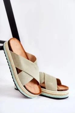 Damskie Zamszowe Klapki Na Platformie Zielone Neriko