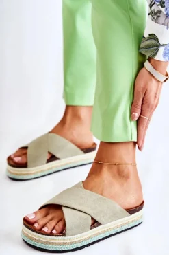Damskie Zamszowe Klapki Na Platformie Zielone Neriko