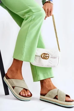 Damskie Zamszowe Klapki Na Platformie Zielone Neriko