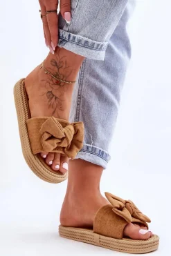 Damskie Zamszowe Klapki Z Kokardą Camel Fency