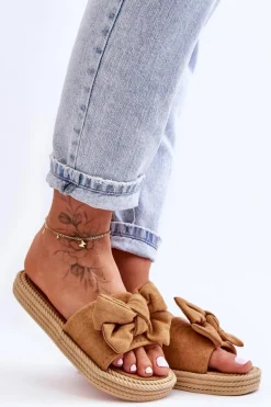 Damskie Zamszowe Klapki Z Kokardą Camel Fency