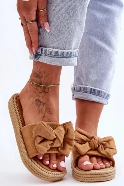 Damskie Zamszowe Klapki Z Kokardą Camel Fency