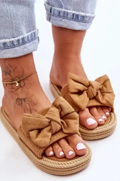 Damskie Zamszowe Klapki Z Kokardą Camel Fency