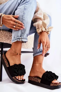 Damskie Zamszowe Klapki Z Ozdobą Czarne Nemis