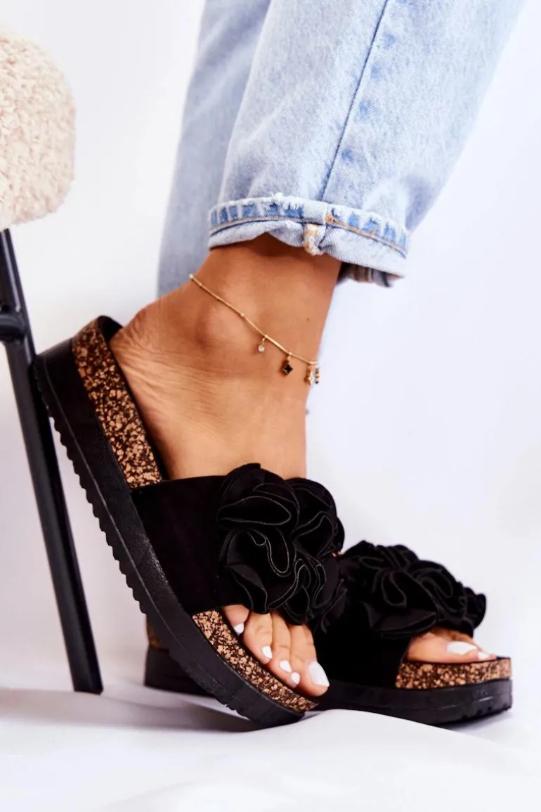 Damskie Zamszowe Klapki Z Ozdobą Czarne Nemis