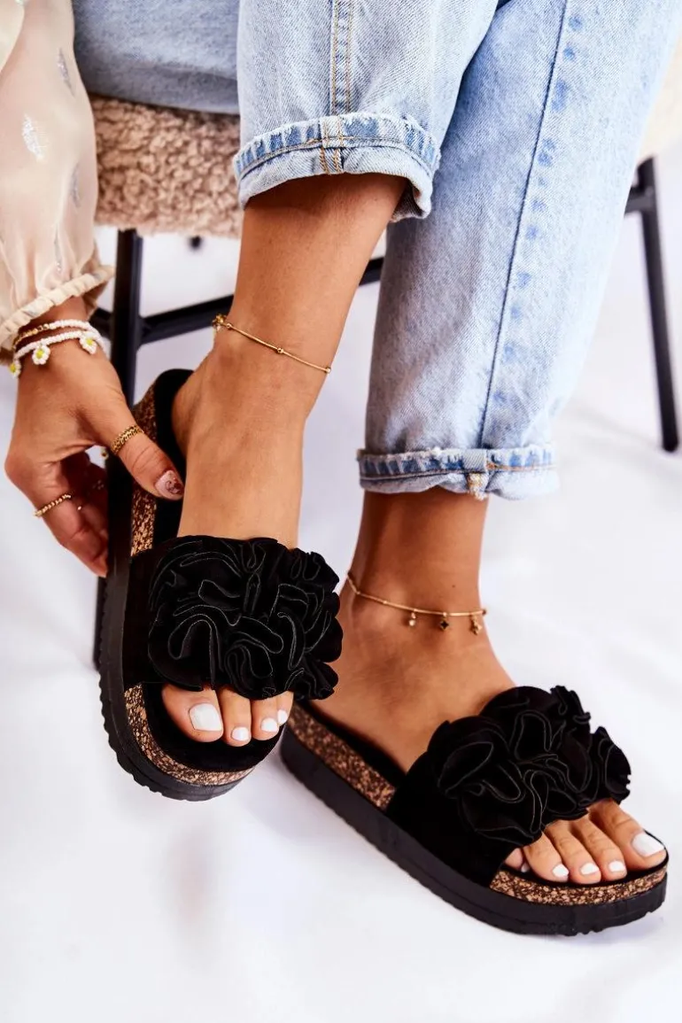 Damskie Zamszowe Klapki Z Ozdobą Czarne Nemis