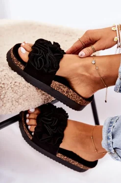 Damskie Zamszowe Klapki Z Ozdobą Czarne Nemis