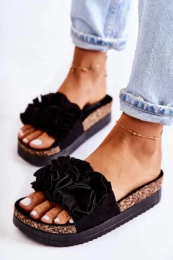 Damskie Zamszowe Klapki Z Ozdobą Czarne Nemis