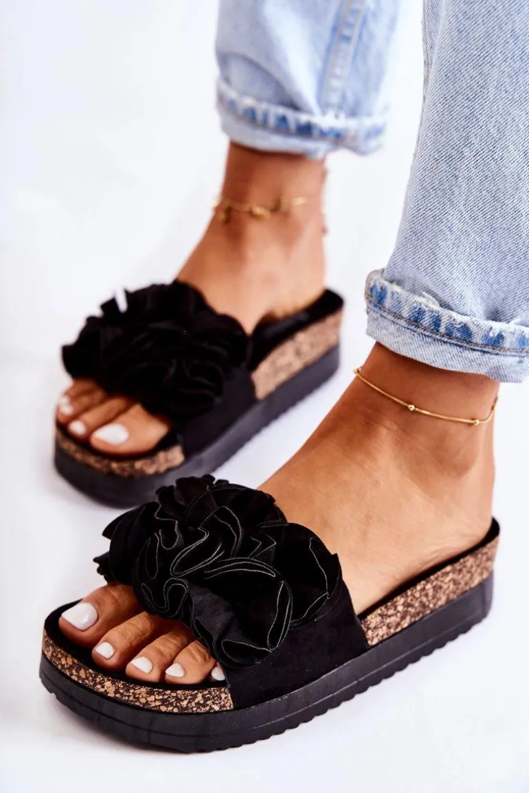 Damskie Zamszowe Klapki Z Ozdobą Czarne Nemis