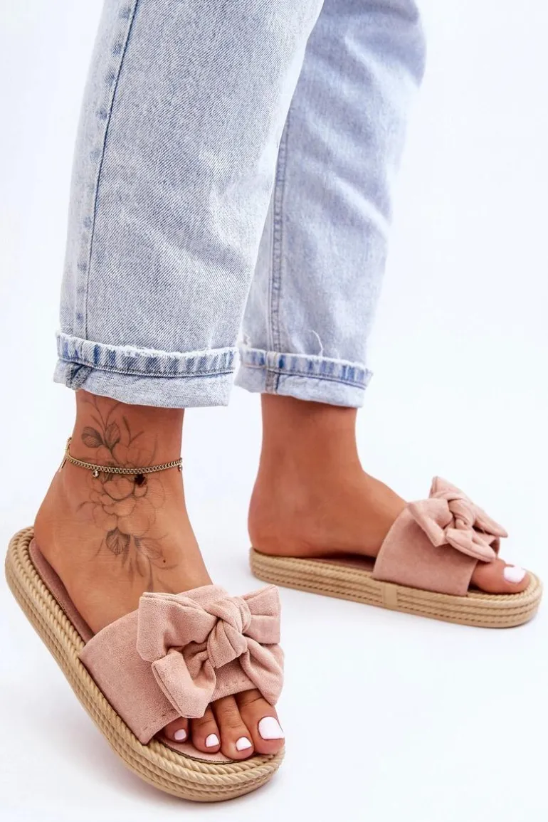 Damskie Zamszowe Klapki Z Kokardą Różowe Fency