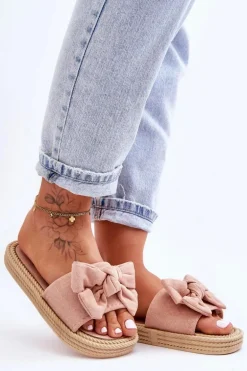 Damskie Zamszowe Klapki Z Kokardą Różowe Fency