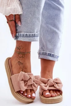 Damskie Zamszowe Klapki Z Kokardą Różowe Fency