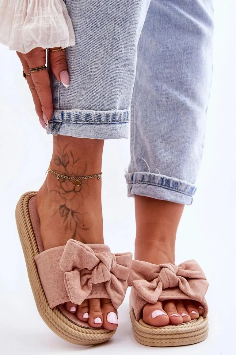 Damskie Zamszowe Klapki Z Kokardą Różowe Fency