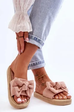 Damskie Zamszowe Klapki Z Kokardą Różowe Fency