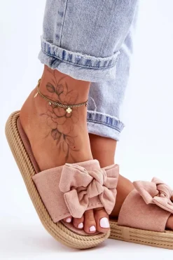 Damskie Zamszowe Klapki Z Kokardą Różowe Fency