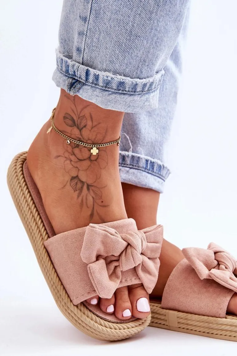 Damskie Zamszowe Klapki Z Kokardą Różowe Fency