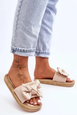 Damskie Zamszowe Klapki Z Kokardą Beżowe Fency