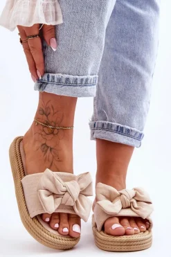 Damskie Zamszowe Klapki Z Kokardą Beżowe Fency