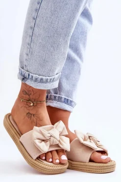 Damskie Zamszowe Klapki Z Kokardą Beżowe Fency