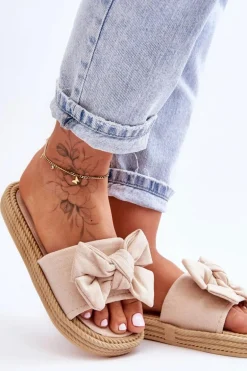 Damskie Zamszowe Klapki Z Kokardą Beżowe Fency