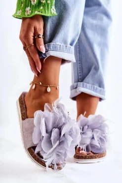 Damskie Zamszowe Klapki Z Ozdobnym Kwiatem Szare Alimos