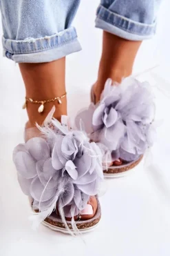 Damskie Zamszowe Klapki Z Ozdobnym Kwiatem Szare Alimos