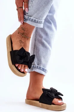 Damskie Zamszowe Klapki Z Kokardą Czarne Fency