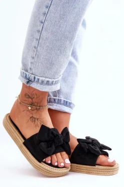 Damskie Zamszowe Klapki Z Kokardą Czarne Fency