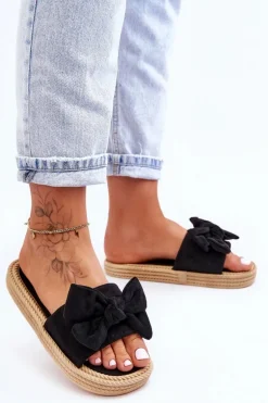 Damskie Zamszowe Klapki Z Kokardą Czarne Fency