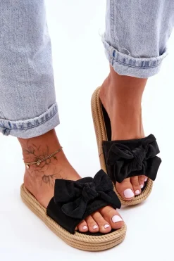 Damskie Zamszowe Klapki Z Kokardą Czarne Fency