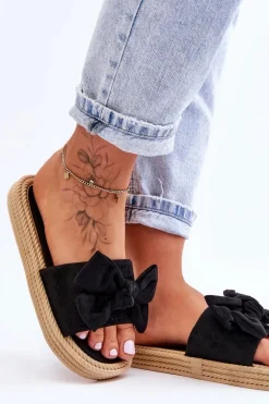 Damskie Zamszowe Klapki Z Kokardą Czarne Fency