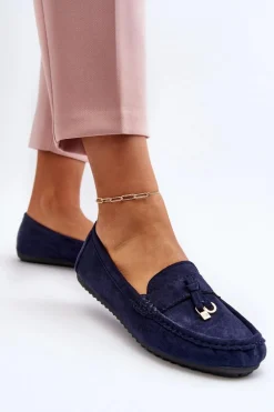 Damskie Zamszowe Klasyczne Mokasyny Granatowe Ontala