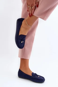 Damskie Zamszowe Klasyczne Mokasyny Granatowe Ontala