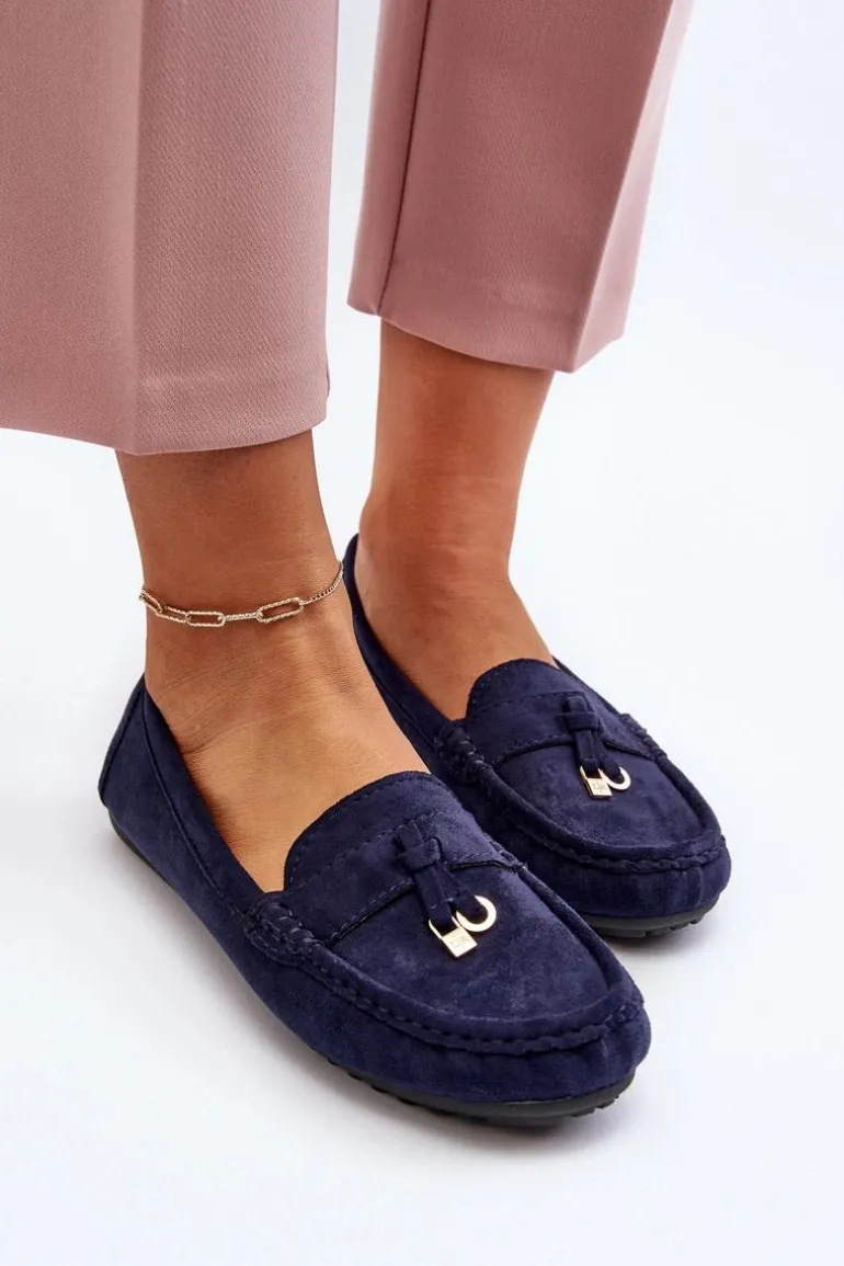 Damskie Zamszowe Klasyczne Mokasyny Granatowe Ontala