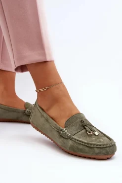 Damskie Zamszowe Klasyczne Mokasyny Zielone Ontala