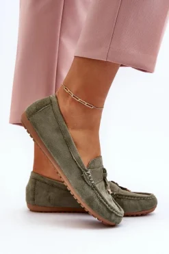 Damskie Zamszowe Klasyczne Mokasyny Zielone Ontala