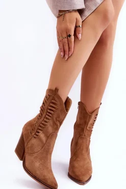 Damskie Zamszowe Kowbojki Botki Na Suwak Brązowe Lanna