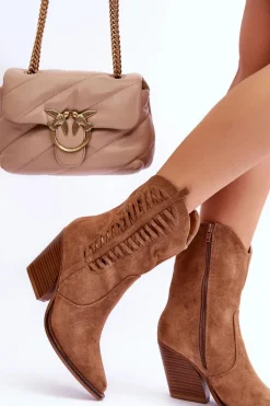 Damskie Zamszowe Kowbojki Botki Na Suwak Brązowe Lanna