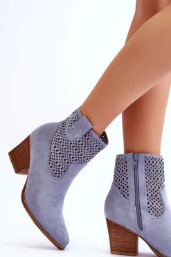 Damskie Zamszowe Kowbojki Botki Na Słupku Jasnoniebieskie Norvella