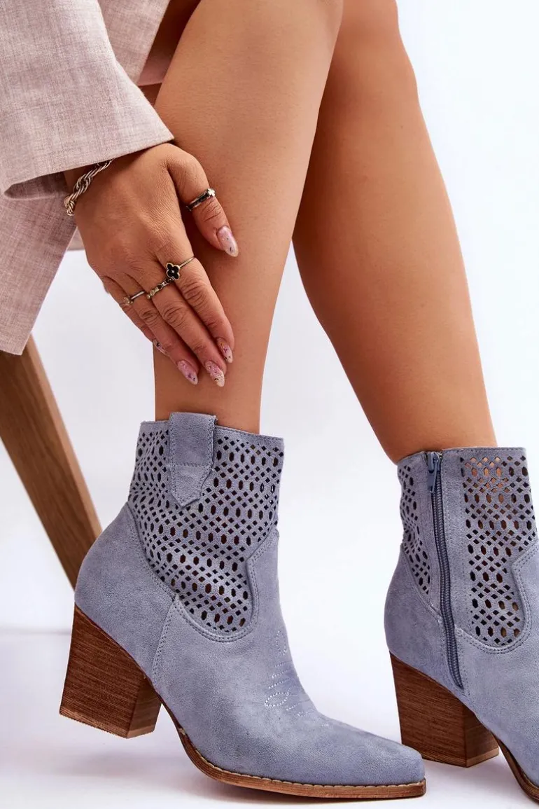 Damskie Zamszowe Kowbojki Botki Na Słupku Jasnoniebieskie Norvella