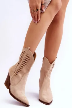 Damskie Zamszowe Kowbojki Botki Na Suwak Beżowe Lanna