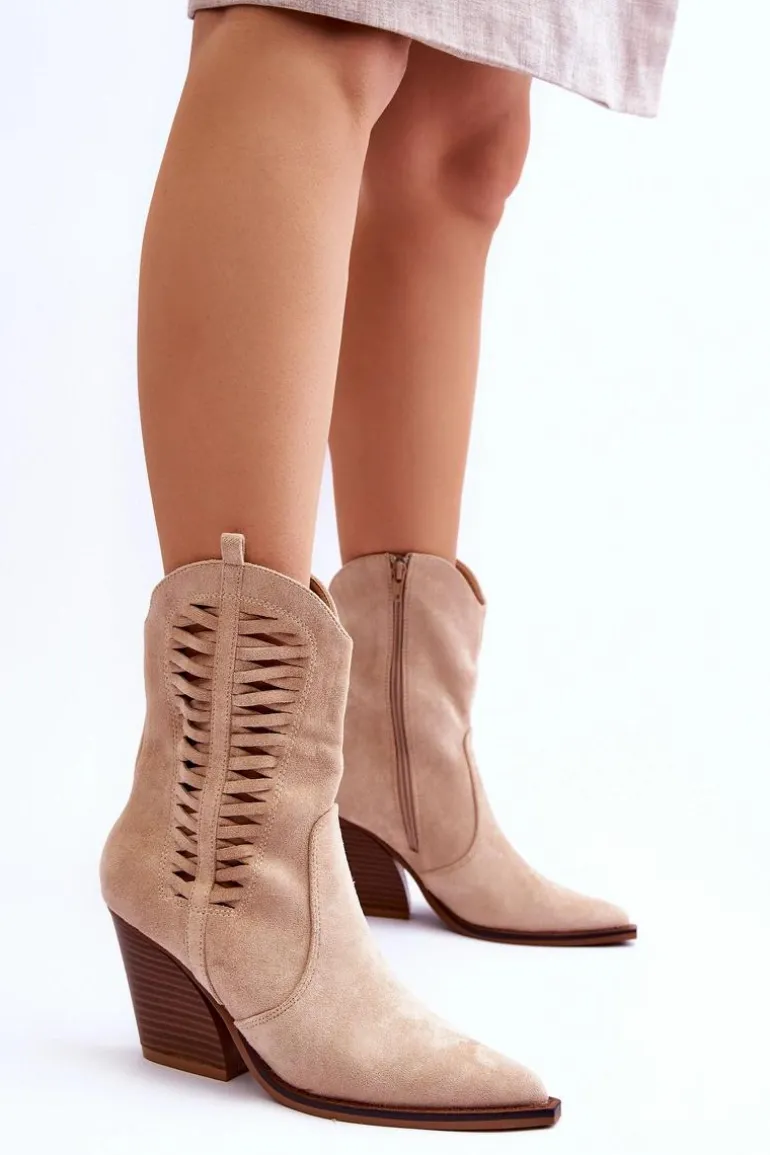 Damskie Zamszowe Kowbojki Botki Na Suwak Beżowe Lanna
