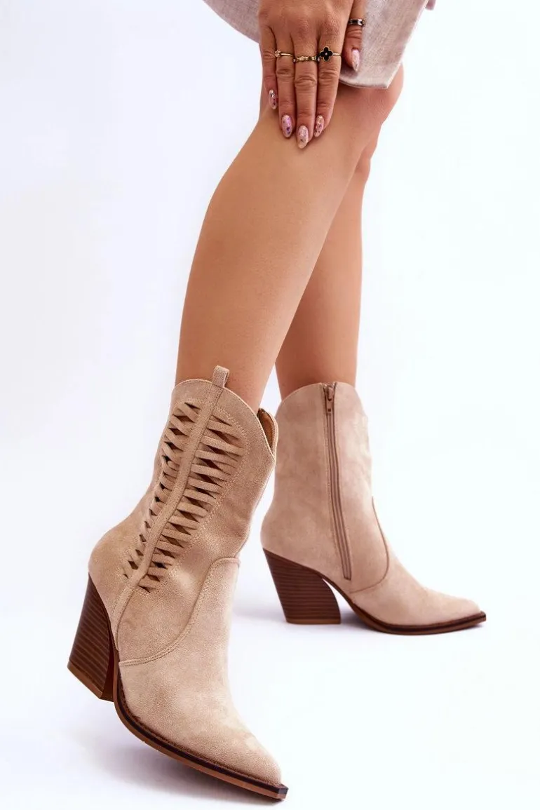 Damskie Zamszowe Kowbojki Botki Na Suwak Beżowe Lanna