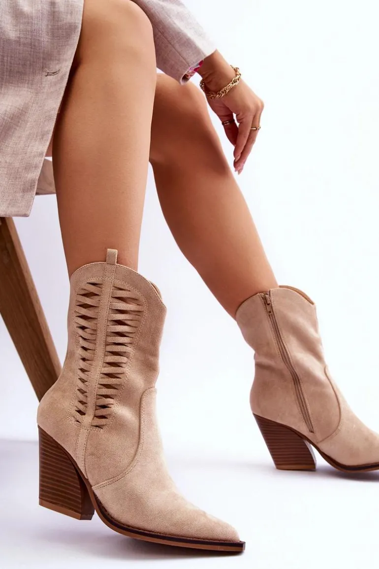 Damskie Zamszowe Kowbojki Botki Na Suwak Beżowe Lanna