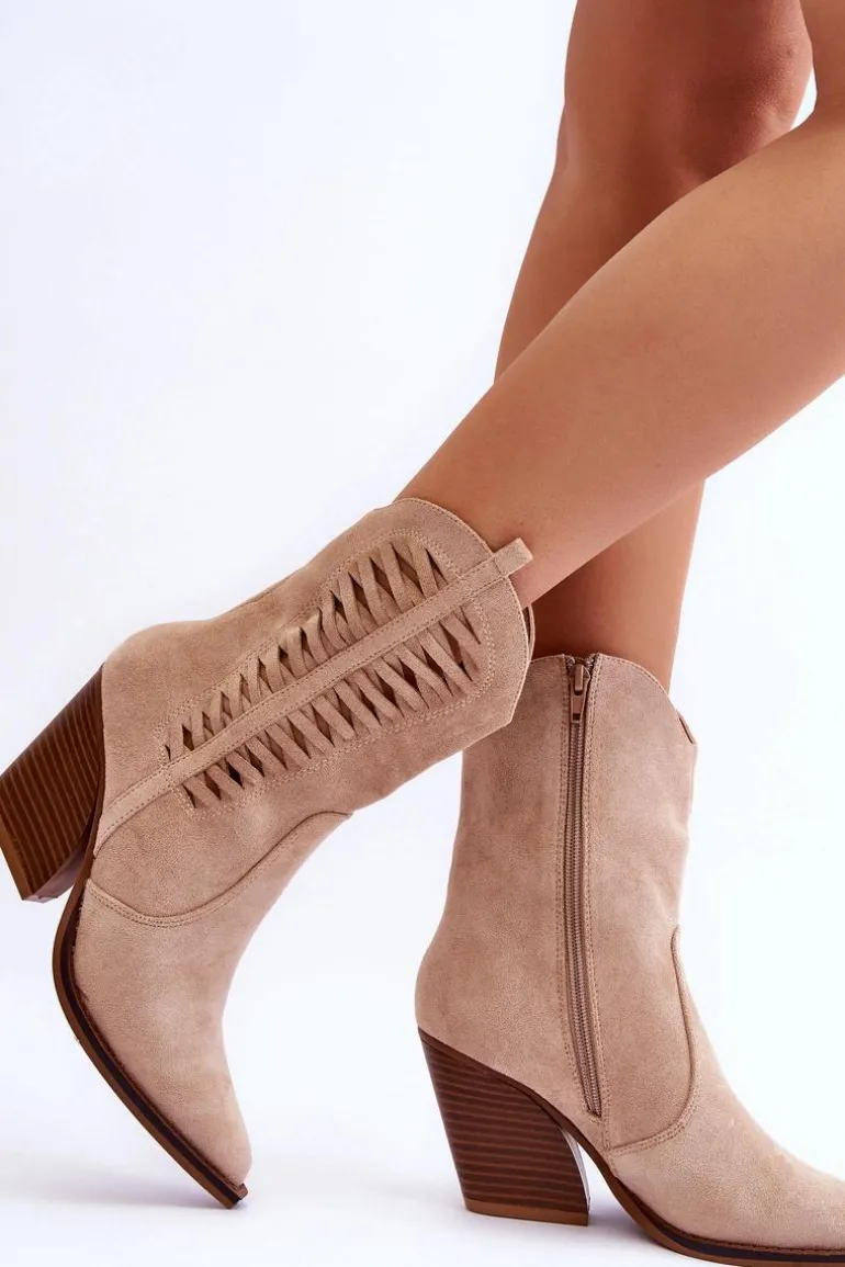 Damskie Zamszowe Kowbojki Botki Na Suwak Beżowe Lanna