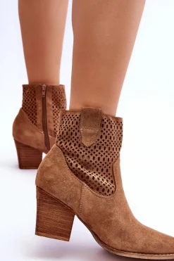 Damskie Zamszowe Kowbojki Botki Na Słupku Brązowe Norvella