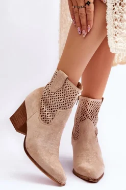 Damskie Zamszowe Kowbojki Botki Na Słupku Beżowe Norvella