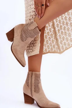 Damskie Zamszowe Kowbojki Botki Na Słupku Beżowe Norvella