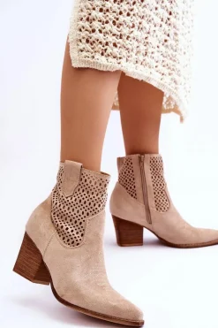 Damskie Zamszowe Kowbojki Botki Na Słupku Beżowe Norvella